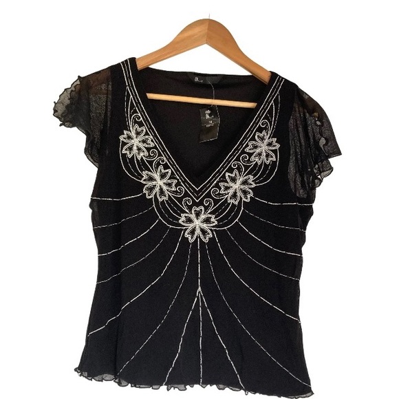 Tops - VINTAGE BNWT Deadstock BHS Ladies Women Mesh beaded Sheer Top Tee T-Shirt